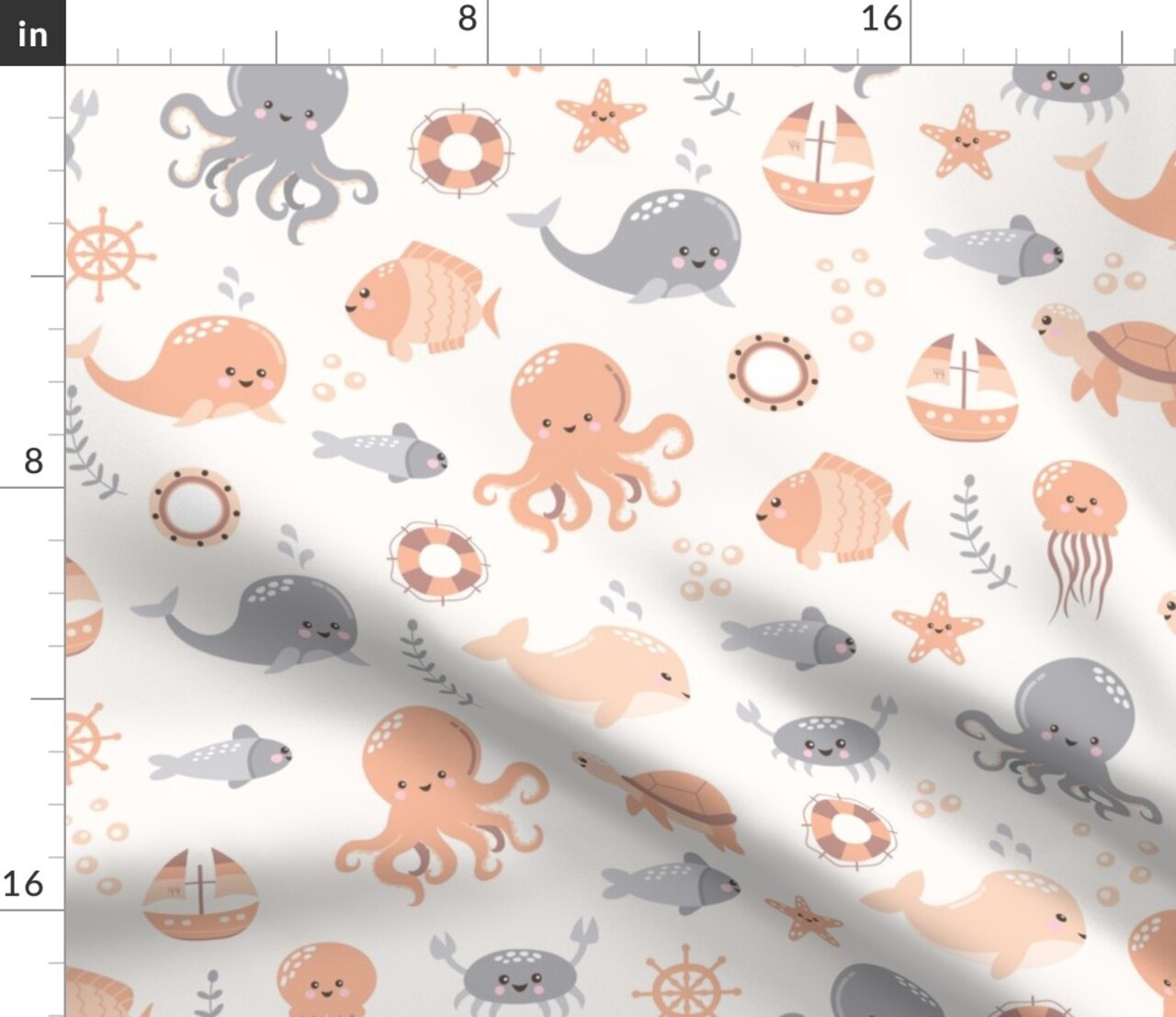 Whimsical Coastal Nautical Coral Orange Gray Gender Neutrall Simple Beach Ocean Seaside Custom Printed Fabric by Spoonflower Various Fabrics by the Yard or Fat Quarter